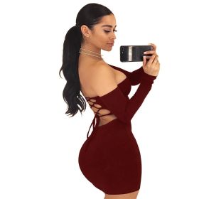 Summer Dress Sexy Back Lace Up Off The Shoulder Mini Dress Women Bodycon Club Dresses Fashion Vestidos (Color: Burgundy, size: S)