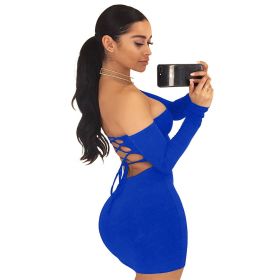 Summer Dress Sexy Back Lace Up Off The Shoulder Mini Dress Women Bodycon Club Dresses Fashion Vestidos (Color: Blue, size: M)