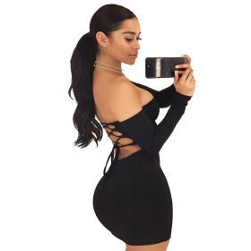 Summer Dress Sexy Back Lace Up Off The Shoulder Mini Dress Women Bodycon Club Dresses Fashion Vestidos (Color: Black, size: M)