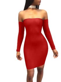 Summer Dress Sexy Back Lace Up Off The Shoulder Mini Dress Women Bodycon Club Dresses Fashion Vestidos (Color: Red, size: L)