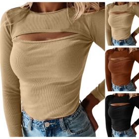 Autumn Sexy Women Blouses Chest Cutout Long-sleeved Ribbed Solid Color Tops Women Casual Tops Sexy Hollow Out Blouses (Color: Khaki, size: M)